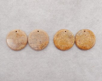 2Pairs Natural Indonesian Fossil Coral Round Gemstone Earring Beads, Drilled Flatback Cabochon Pair, 22x3mm, 21x4mm, 12g - E18791