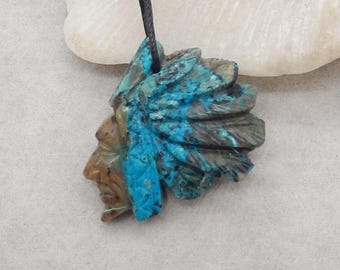 Colgante de cabeza india de crisocola natural tallada, colgante único para collar, regalo de piedra preciosa, 40 x 35 x 10 mm, 18,2 g - SS3633