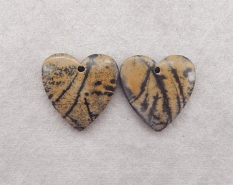 Natural Stone Chohua Jasper Heart Shape Gemstone Earring Beads, Gemstone Heart Earring Pair, 20x20x4.5mm, 5.3g - D5330