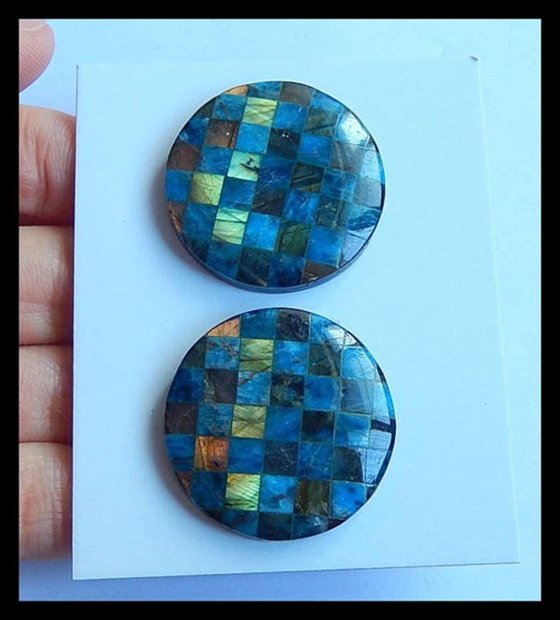 Cpa543 New,Blue Apatite,Labradorite,Obsidian Intarsia Cabochon Pair,28x5mm,15.1g