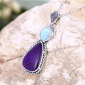 Sterling 925 Silver African Purple Stone With Larimar Lucky Jewelry Necklace Pendant, Gemstone Jewelry Gift, 33x15x4mm, 7.04g - M0746