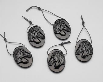 Natural Black Obsidian Carved Horse Pendant, Horse Head Relief Charm, Oval Crystal Cameo, Western Equestrian Jewelry Making Supply