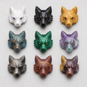 May include: A collection of nine carved stone wolf head figurines arranged in a grid. The wolves feature various colours including white, black, yellow, blue, green, purple, grey, and brown, with inset gemstone eyes in contrasting colours.
