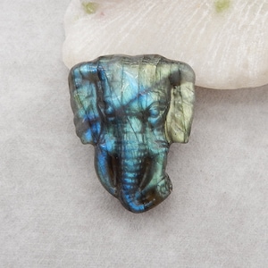 Cabochão de pedra preciosa de cabeça de elefante labradorita flash natural esculpida (pode ser perfurado), conta de animal de pedra popular, 40x30x11 mm, 22,5 g - SS3177