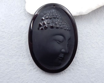 Carved Natural Obsidian Buddha Face Pendant Bead, Popular Buddha Pendant, Obsidian Buddha Pendant, 60x43x9mm, 39.6g