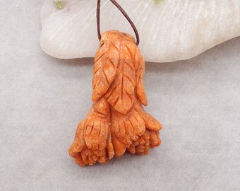 Carved Natural Orange Coral Flower Gemstone Pendant Bead, Gemstone Pendant Bead, 48x30x16mm, 16.3g - SS3217