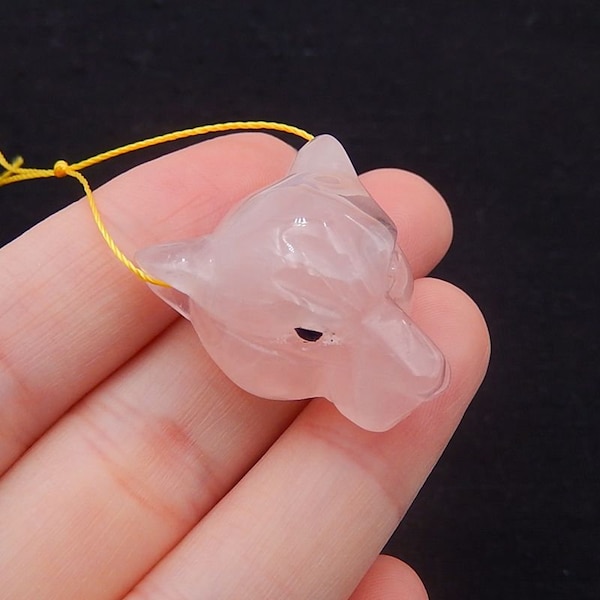 Hand Carved Rose Quartz Panther Gemstone Pendant Bead, Gemstone Animal Pendant For Necklace, 26x22x15mm, 11g