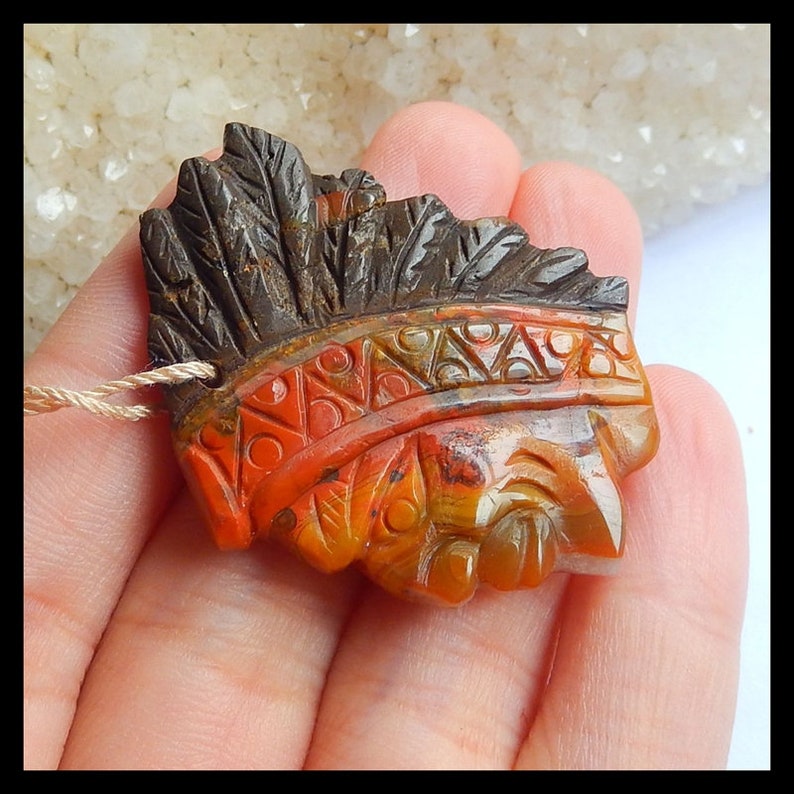 Vintage Carved Indian Head.Natural Warring States Red Agate Gemstone Pendant,Gemstone Carved Bead.36x35x4mm,8g Cp1602