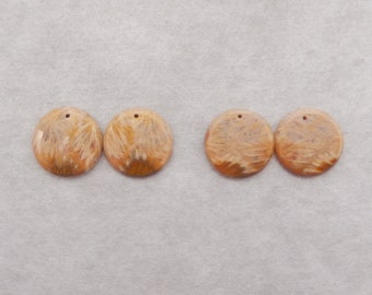 2Pairs Natural Indonesian Fossil Coral Round Gemstone Earring Beads, Drilled Flatback Cabochon Pair, 18x3mm, 6.9g - E18792