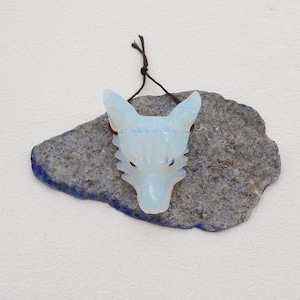 Big Size Stone Wolf Head Pendant! Carved Opalite Wolf Head Gemstone Pendant Bead, Popular Animal Bead, 46x36x16mm, 22.6g - E26966