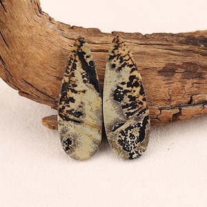 Par de aretes de jaspe Chohua escénico, piedras perforadas con gotas de agua y diseño de paisaje, cabujones de jaspe con forma de flor de hierba natural, par combinado