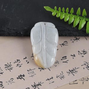 Carved Natural Jade Leaf Shape Gemstone Pendant Bead, Unique Pendant For Necklace Design, Jewelry DIY Making, 42x25x5mm, 11g - BTF446