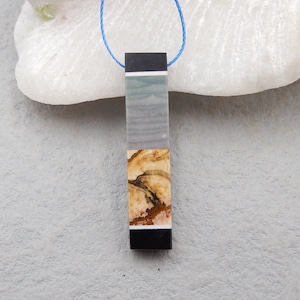 Natural Obsidian, Wave Jasper And Picture Jasper Intarsia Gemstone Pendant Bead, Unique Pendant, 37x8x5mm, 4g - E22389
