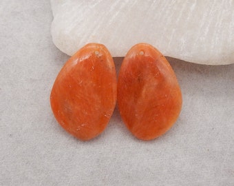 Natural Sun Stone Gemstone Earring Beads, Drilled Flatback Gemstone Cabochon Pair, 26x18x4mm, 6.3g - E18787