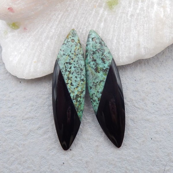 Obsidian And African Turquoise Intarsia Gemstone Earring Beads, Matched Earring Pair, Earrings Wholesale, 44x12x4mm, 7g