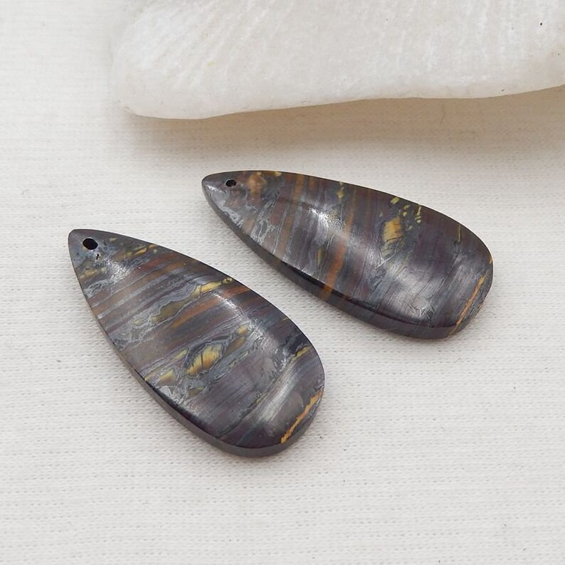 Natural Gemstone Iron Tiger's Eye Earring Beads, Matched Gemstone Pair, Drilled Cabohcon Pair, 33x15x4mm, 9g E16104 image 3