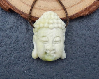 Carved Natural Serpentine Buddha Head Pendant Bead, Popular Buddha Pendant, Handmade Jewelry, 23x17x7mm, 3.8g - E19365