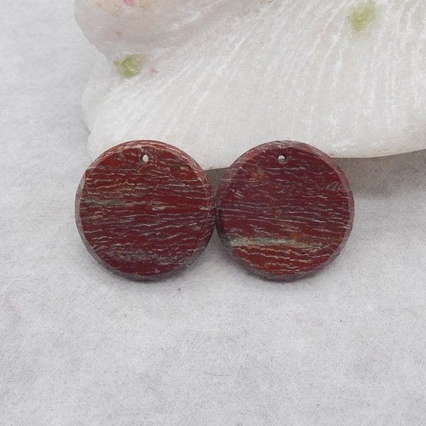 Today On Sale! Natural Red River Jasper Round Gemstone Earring Beads, Drilled Flatback Cabochons Pair, 19x2mm, 4.2g - E17158