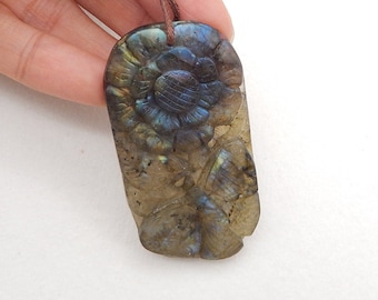 Carved Natural Flash Labradorite Flower And Butterfly Gemstone Pendant Bead, Unique Flash Pendant, 63x32x6mm, 24.5g - E19245