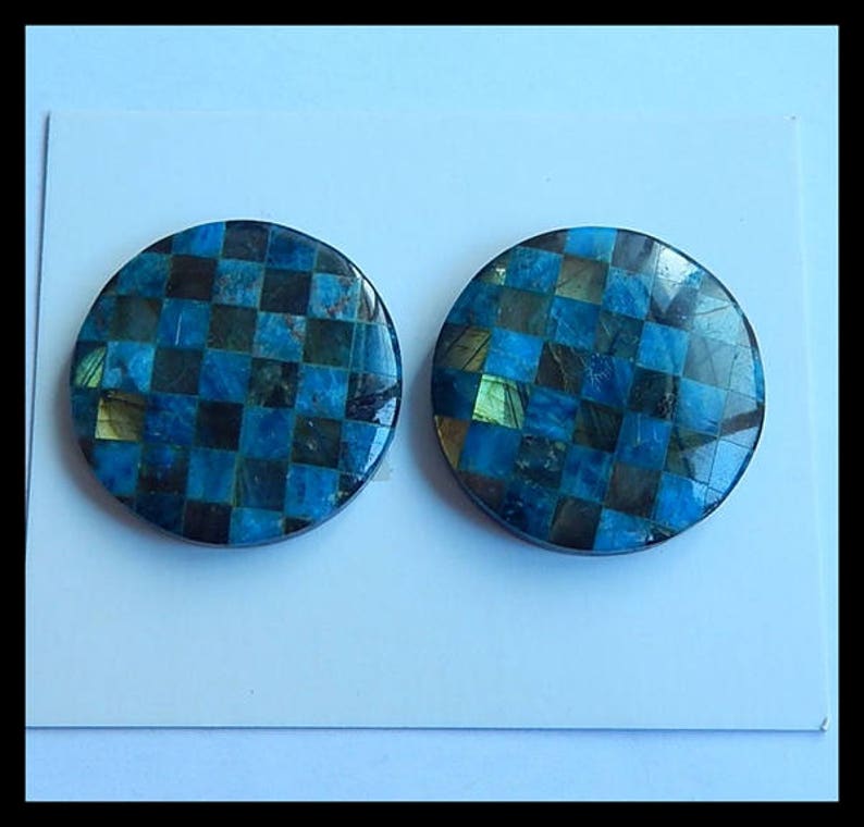 Cpa543 New,Blue Apatite,Labradorite,Obsidian Intarsia Cabochon Pair,28x5mm,15.1g