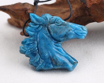 Carved Blue Apatite Crystal Horse Head Gemstone Pendant Bead, Beautiful Horse Pendant, 39x8mm 26.7g