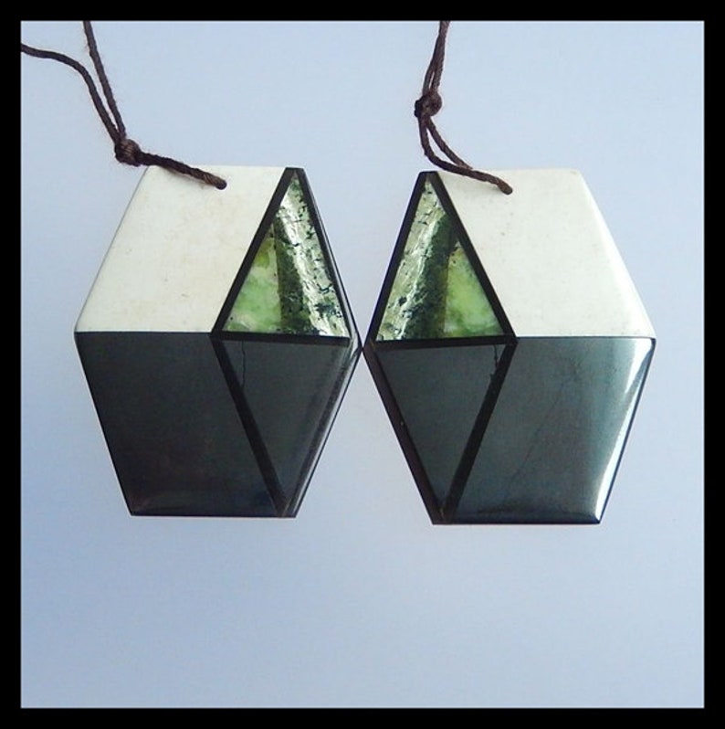 Wholesale gemstone Intarsia Earring Pair,Howlite,Obsidian,Green Zebra,Serpentine,Hematite Intarsia Earring set,41x33x4mm,27.9g