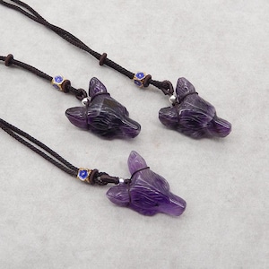 Handmade 26 Inch Natural Amethyst Wolf Head Pendant Necklace, Popular Stone Wolf Necklace, Best Gift For Him, 33x23x13mm, 15g - JJ758