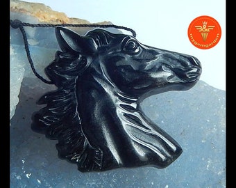 New,Original Works Carved Obsidian  Horse Head Gemstone Pendant Bead,Animal Jewelry Making.43x39x9mm,21.3g-B
