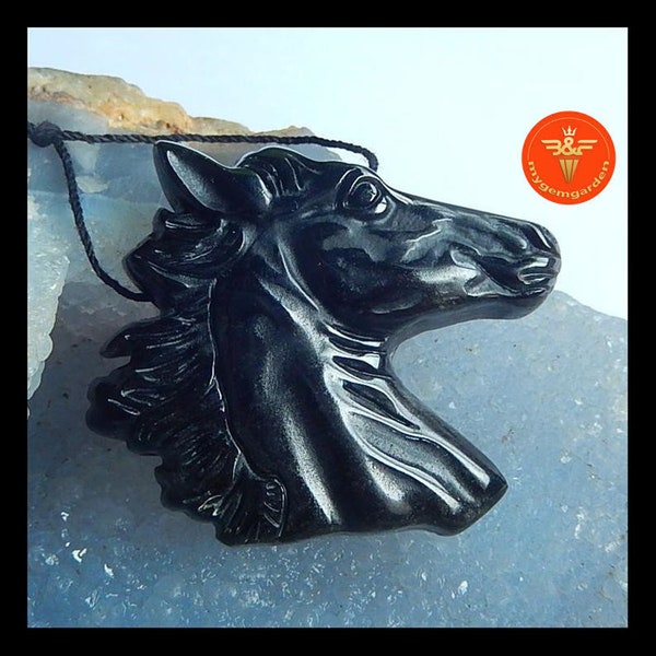 Oeuvres originales ! Pendentif tête de cheval en obsidienne sculptée, sculpture sur pierre, fabrication de bijoux avec des animaux, vente en gros de pierres précieuses, 43 x 39 x 9 mm, 21,3 g