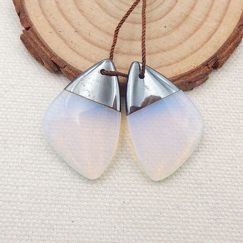 Hot Sale Hematite Intarsia Gemstone Earring Pair Opalite 30x20x5mm 9g Y5396