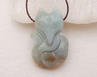 Gemstone Animal Pendant Bead, Hand Carved Amazonite Fox Gemstone Pendant, Jewelry DI Making, 36x22x9mm, 10.5g - E19232