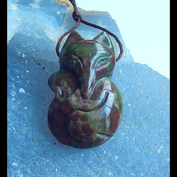 Carved Mushroom Jasper Fox Gemstone Pendant,36x22x11mm,12.8g (Cp685)