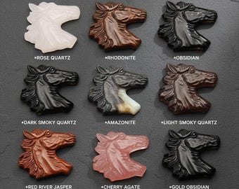 Hand Carved Natural Gemstone Crystal Horse Head Pendant Beads, Side Drilled , Popular Gemstone Animal Pendant Beads 42x40x9.5mm, 25g