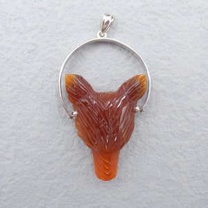 Carved Natural Red Agate Wolf Head Pendant, 925 Sterling Silver Pinch Bail, Gemstone Jewelry Gift For Him, 36x27x12mm, 14.5g - JM112