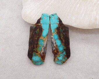 Nugget (Rough Sides) Turquoise Gemstone Earring Beads, Beautiful Matched Turquoise Earring Pair, 34x12x3mm, 4.8g - E18767