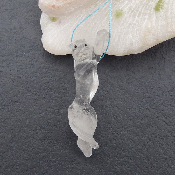 Pendentif perle en pierre gemme loup quartz blanc drusy sculpté, pendentif animal en pierre sculptée, 70 x 19 x 14 mm, 17.4 g - E17893