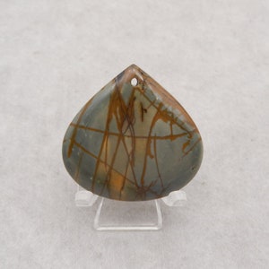 Natural Multi-Color Picasso Jasper Gemstone Pendant Bead, Drilled Flatback Pendant Bead For Necklace, 38x37x6mm, 13.7g - E19206