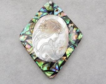 Carved Shell, Abalone Shell, Mother Of Pearl Intarsia Beauty Gemstone Pendant Bead, Beautiful Pendant, 64x51x7mm, 24.2g - SS2552