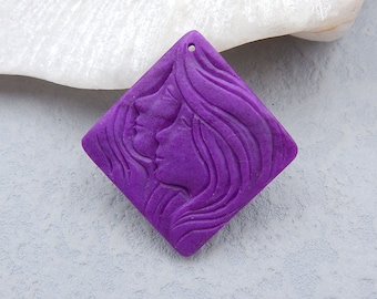 Carved Phosphosiderite Girls Gemstone Pendant Bead, Purple Carved Pendant, Drilled Gemstone Pendant, 35x36x6mm, 6.2g