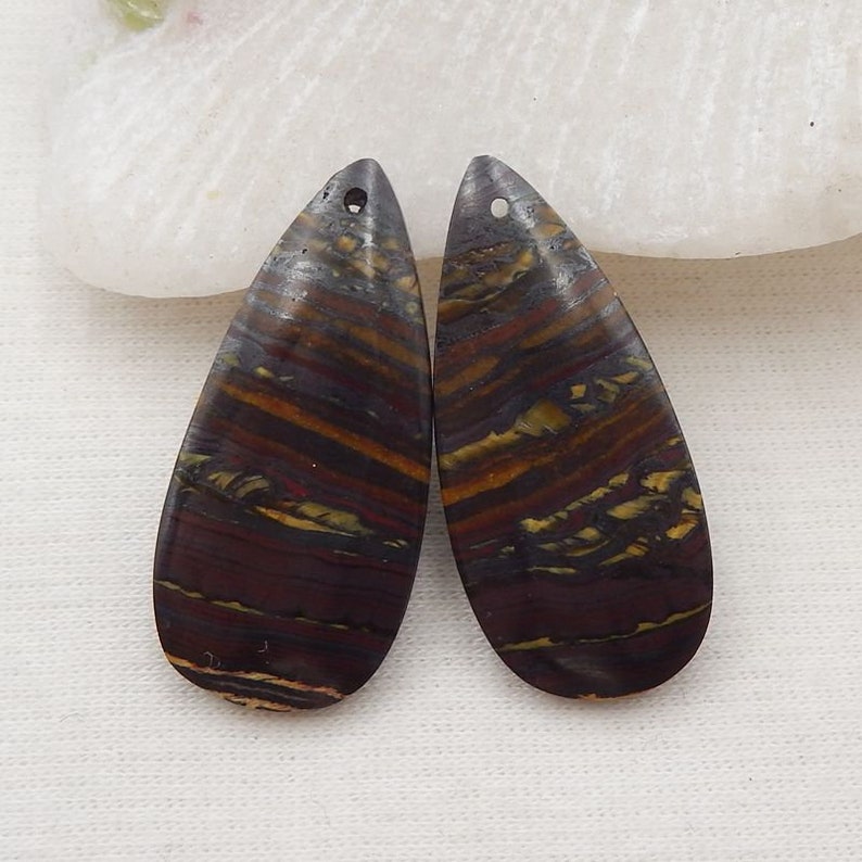 Natural Gemstone Iron Tiger's Eye Earring Beads, Matched Gemstone Pair, Drilled Cabohcon Pair, 33x15x4mm, 9g E16104 image 2