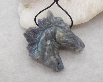 Handmade Carved Flash labradorite Horse Head Gemstone Pendant, Popular Animal Pendant, 42x39x10mm, 25.7g - E15345