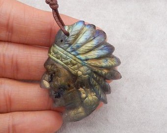 New Design! Carved Natural Flash Labradorite Indian Head Gemstone Pendant Bead, Gemstone Jewelry Gift, 44x34x13mm, 19.2g - SS3218