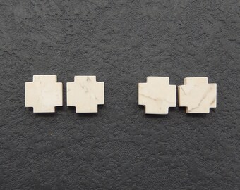 2 Pairs Carved Howlite Cross Shape Gemstone Cabochon Pairs (can be drilled), Jewelry DIY Making, 12x12x3mm, 3.7g - E17810