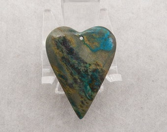 New Arrival! Carved Natural Gemstone Chrysocolla Heart Shape Pendant Bead, Popular Necklace Pendant, 35x27x4mm, 5.4g - E19227