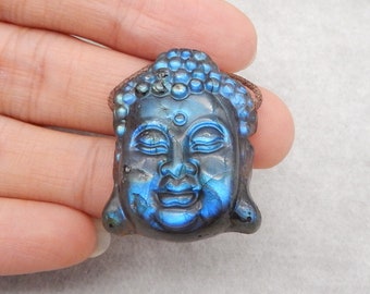 Hot Sales! Carved Flash Labradorite Buddha Head Gemstone Pendant Bead, Popular Pendant Best Gift, 31x24x11mm, 12.5g - E18518