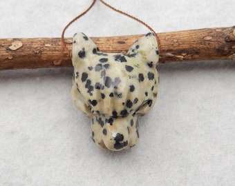 Hand Carved Dalmatian Jasper Panther Gemstone Pendant Bead, Gemstone Animal Pendant, 27x20x15mm, 9g