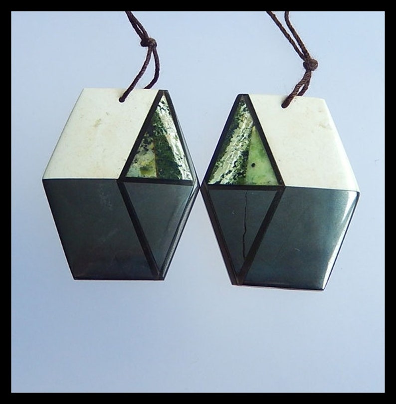Wholesale gemstone Intarsia Earring Pair,Howlite,Obsidian,Green Zebra,Serpentine,Hematite Intarsia Earring set,41x33x4mm,27.9g