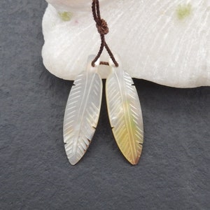 New! Carved Natural Stone Mother Of Pearl Leaf Earring Beads, Drilled Cabochons, Popular Earring Pair, 36x11x2mm, 2.7g - E24271