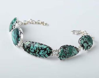 Pulsera de plata de ley 925 con turquesa natural y hebilla de moda, hecha a mano, regalo de joyería con piedras preciosas, 18,5 cm, 15,2 g - J0124