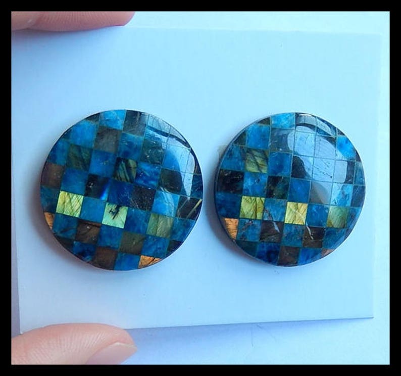 Cpa543 New,Blue Apatite,Labradorite,Obsidian Intarsia Cabochon Pair,28x5mm,15.1g